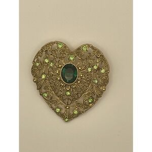 Vtg Filigree‎ Heart w/Gold Green & Rhinestones brooch Pin Statement Piece